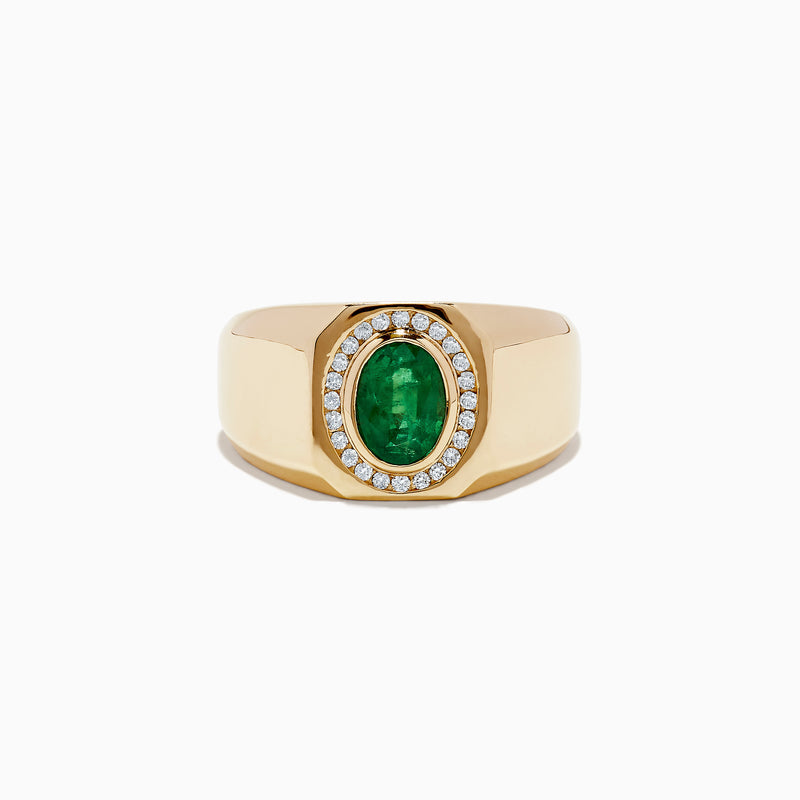 The Mens Brasillica 14K Yellow Gold Diamond and Emerald Ring features an oval green emerald center with a halo of round diamonds, displayed on a plain white background.