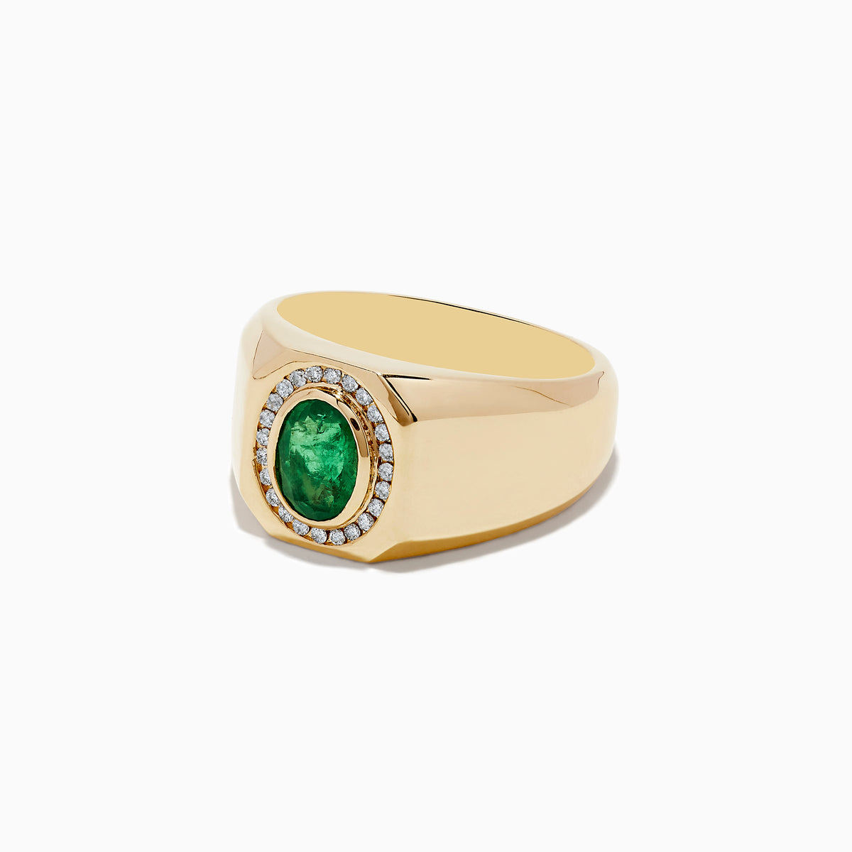 The Mens Brasillica 14K Yellow Gold Diamond and Emerald Ring features an oval green emerald center with a halo of round diamonds, displayed on a plain white background.