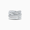 The Classique 14K White Gold Diamond Crossover Ring, 1.47 TCW, features interwoven rows of baguette and round diamonds in a white gold setting, creating an elegant, crisscross design.