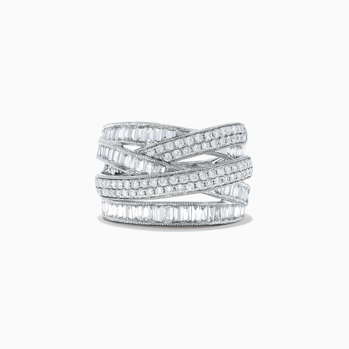 The Classique 14K White Gold Diamond Crossover Ring, 1.47 TCW, features interwoven rows of baguette and round diamonds in a white gold setting, creating an elegant, crisscross design.