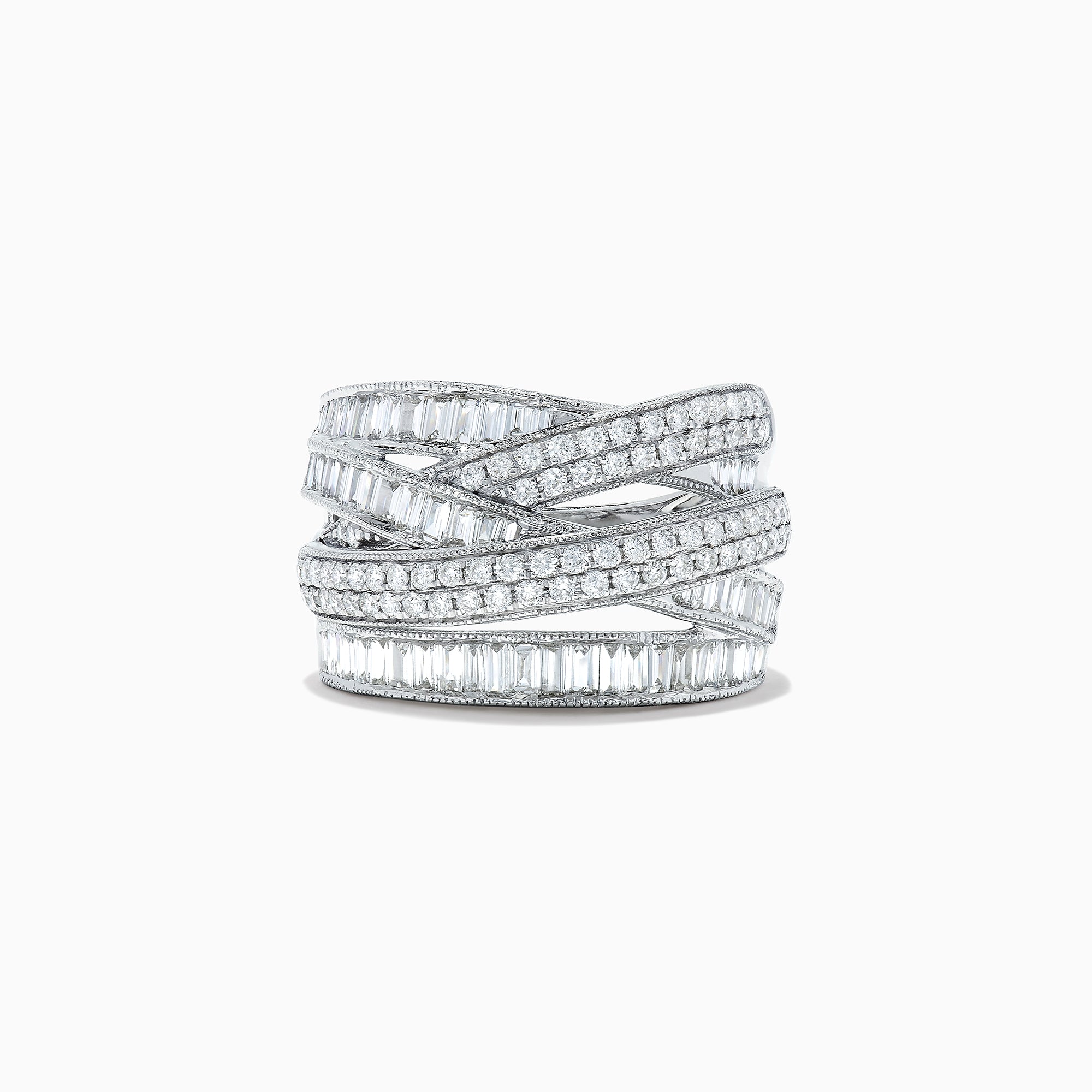 The Classique 14K White Gold Diamond Crossover Ring, 1.47 TCW, features interwoven rows of baguette and round diamonds in a white gold setting, creating an elegant, crisscross design.