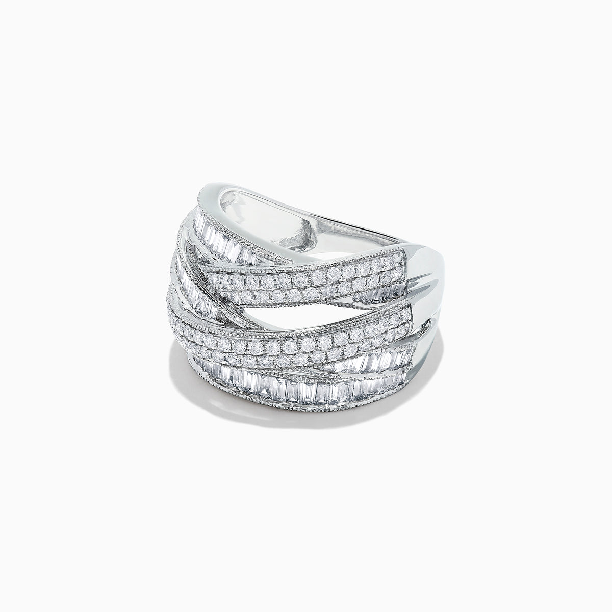 The Classique 14K White Gold Diamond Crossover Ring, 1.47 TCW, features interwoven rows of baguette and round diamonds in a white gold setting, creating an elegant, crisscross design.