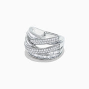 The Classique 14K White Gold Diamond Crossover Ring, 1.47 TCW, features interwoven rows of baguette and round diamonds in a white gold setting, creating an elegant, crisscross design.