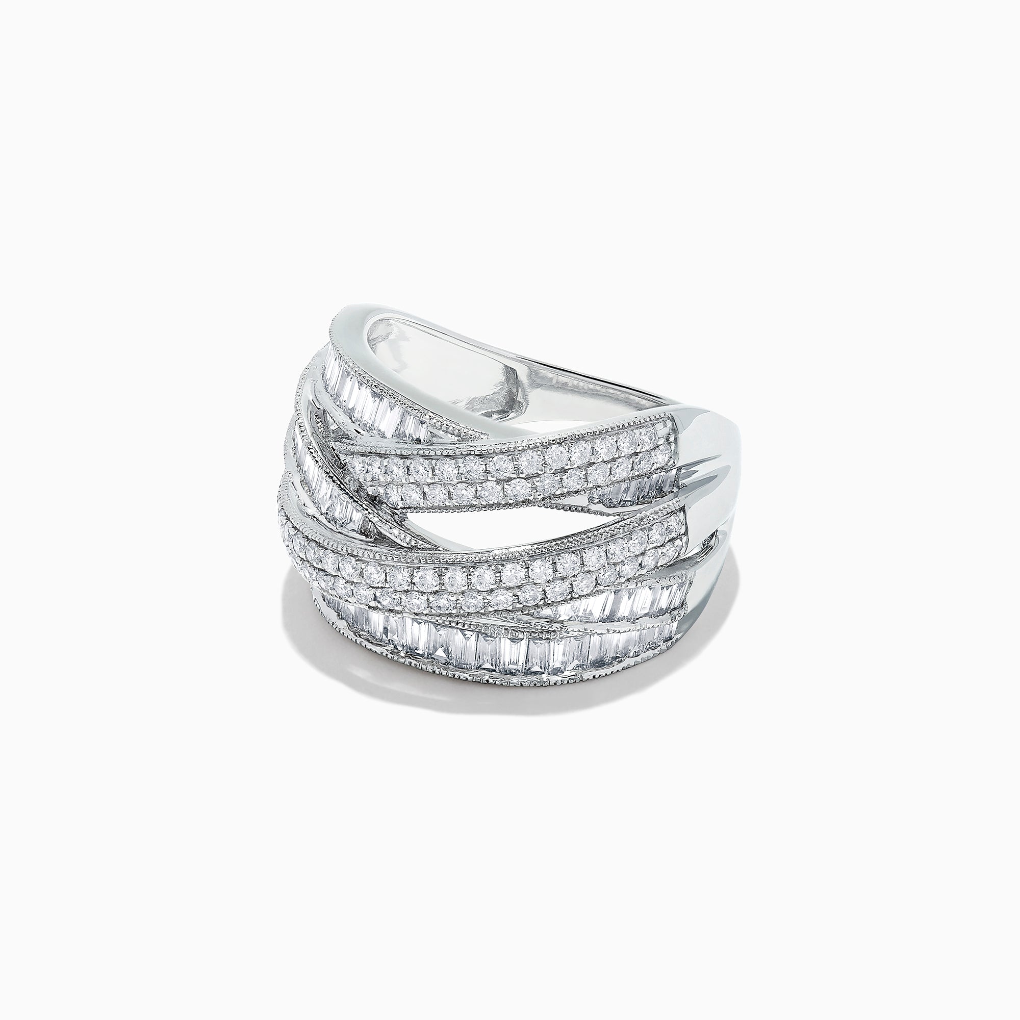 The Classique 14K White Gold Diamond Crossover Ring, 1.47 TCW, features interwoven rows of baguette and round diamonds in a white gold setting, creating an elegant, crisscross design.