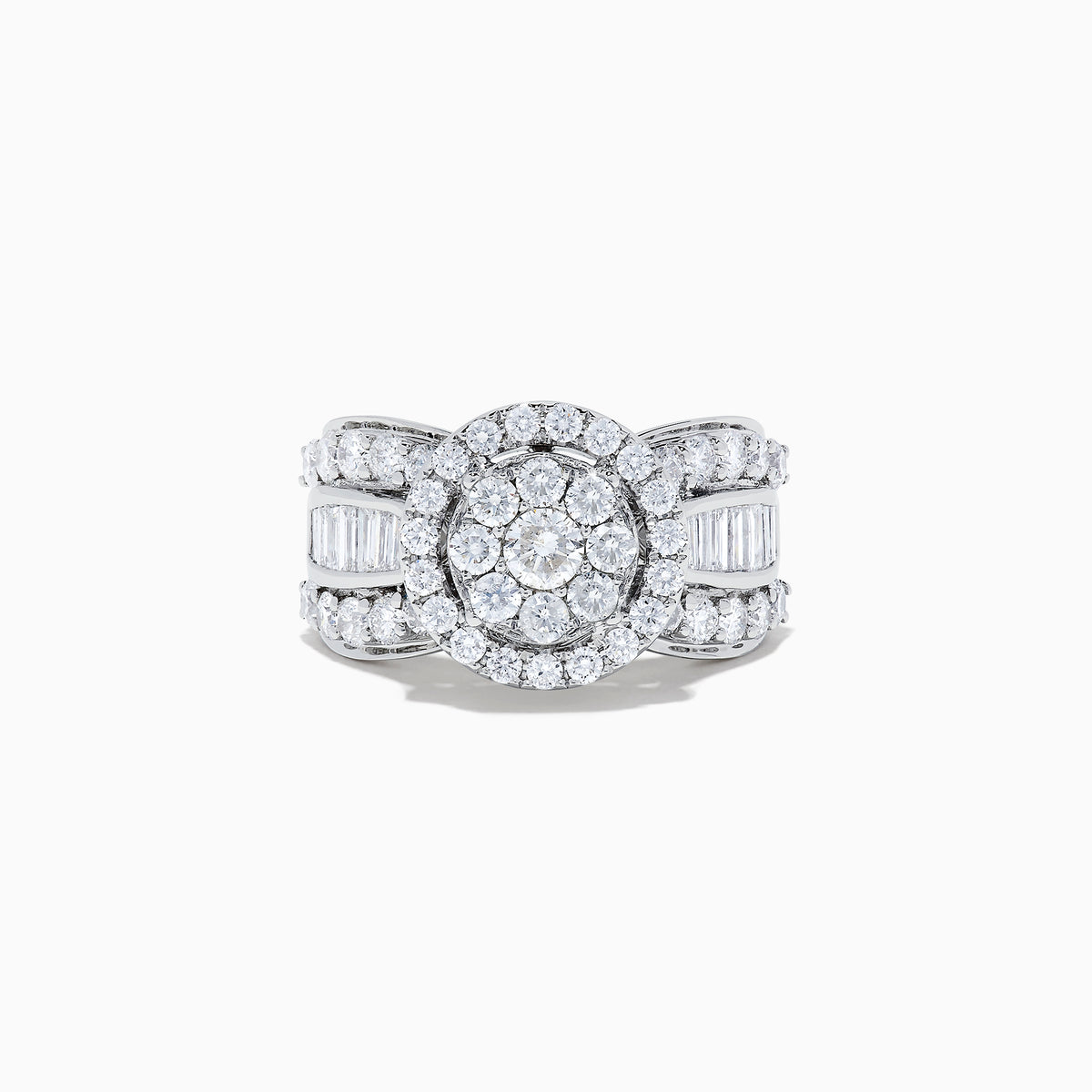 The Bouquet 14K White Gold Diamond Cluster Ring features a large round diamond cluster center, two rows of smaller diamonds, and extra stones along the band for a dazzling 2.51 total carat weight.