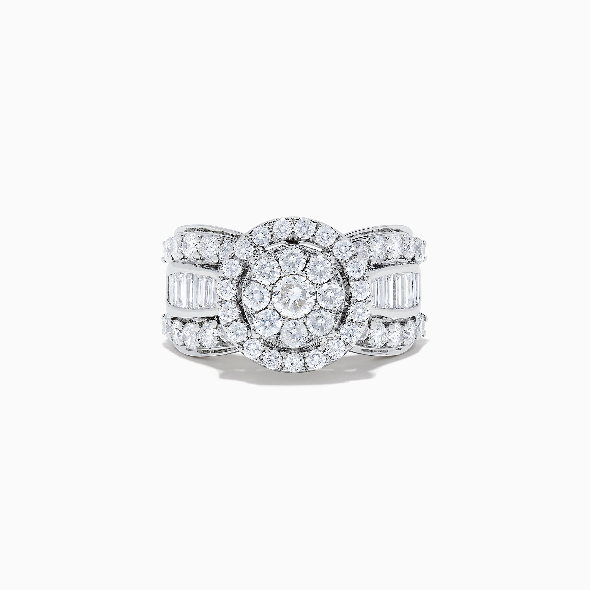 The Bouquet 14K White Gold Diamond Cluster Ring features a large round diamond cluster center, two rows of smaller diamonds, and extra stones along the band for a dazzling 2.51 total carat weight.