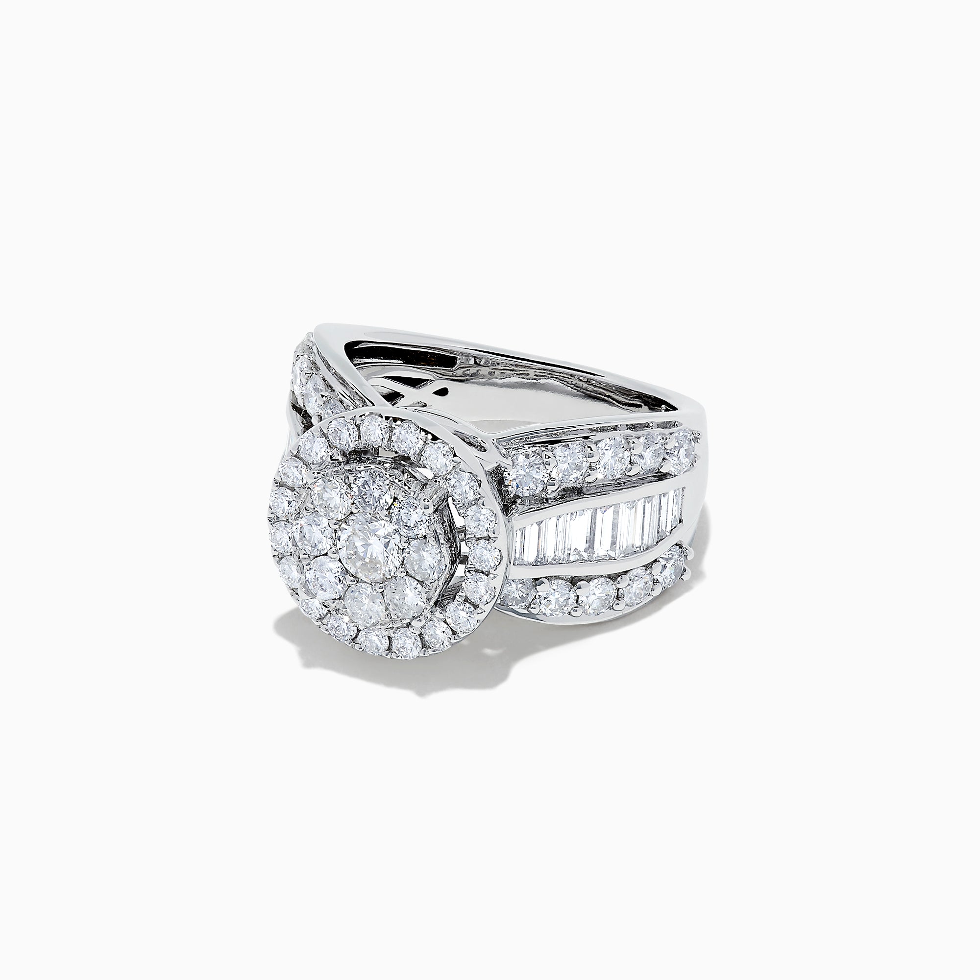 The Bouquet 14K White Gold Diamond Cluster Ring features a large round diamond cluster center, two rows of smaller diamonds, and extra stones along the band for a dazzling 2.51 total carat weight.