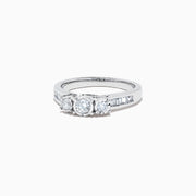 The Bridal 14K White Gold Diamond Three Stone Ring, 0.39 TCW, features three center diamonds with smaller round and baguette-cut stones along the band, shown on a white background.