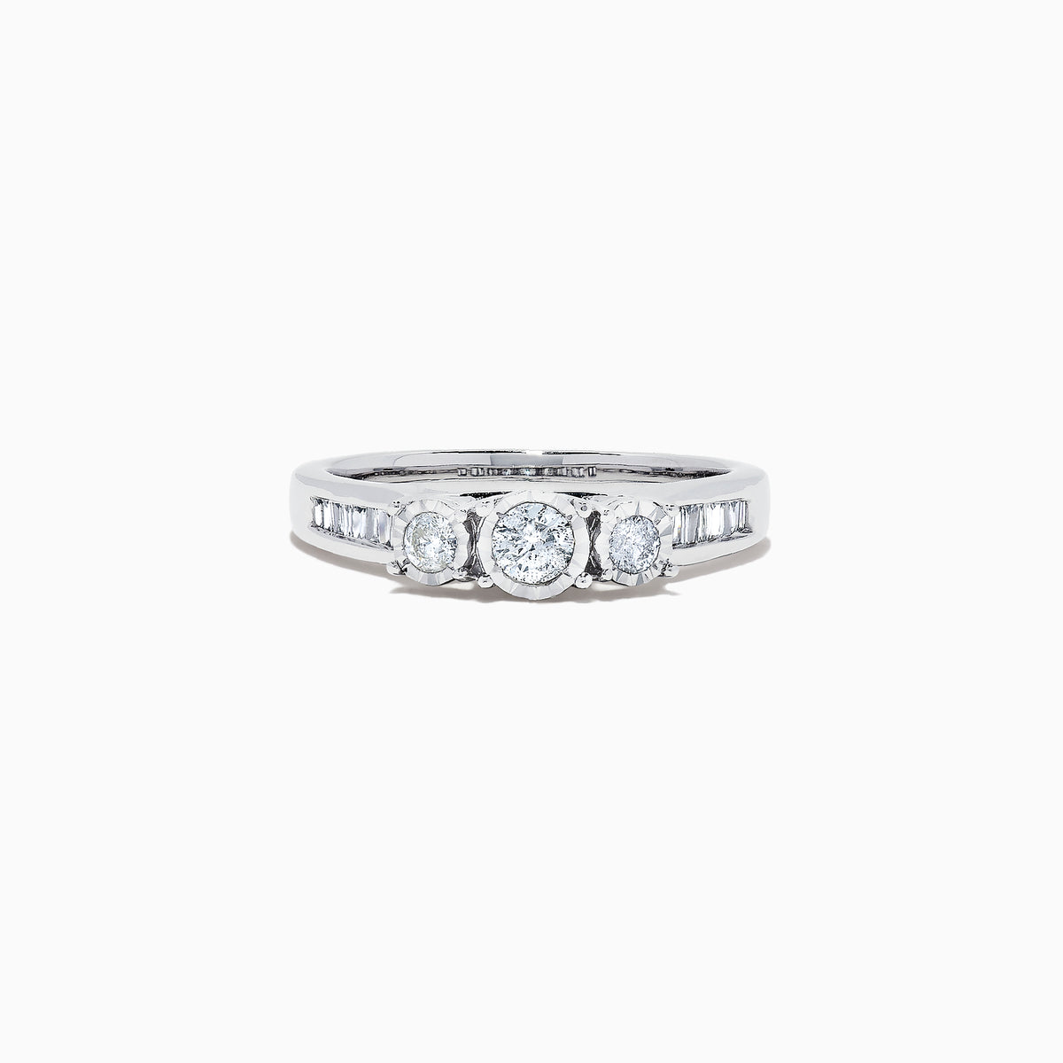 The Bridal 14K White Gold Diamond Three Stone Ring, 0.39 TCW, features three center diamonds with smaller round and baguette-cut stones along the band, shown on a white background.