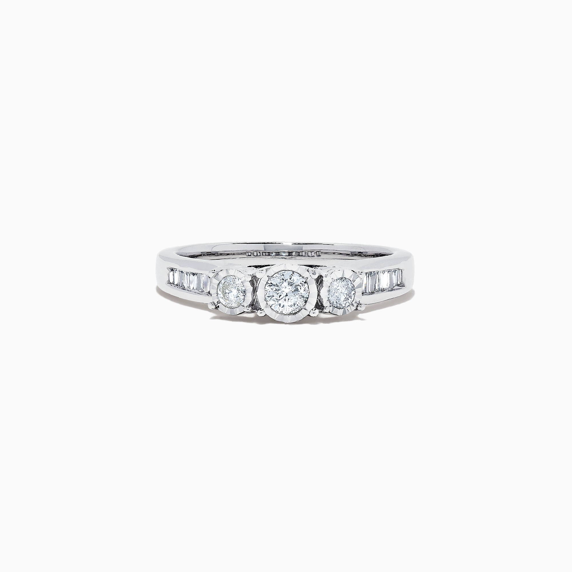 The Bridal 14K White Gold Diamond Three Stone Ring, 0.39 TCW, features three center diamonds with smaller round and baguette-cut stones along the band, shown on a white background.