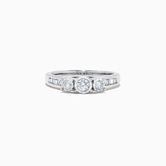The Bridal 14K White Gold Diamond Three Stone Ring, 0.39 TCW, features three center diamonds with smaller round and baguette-cut stones along the band, shown on a white background.