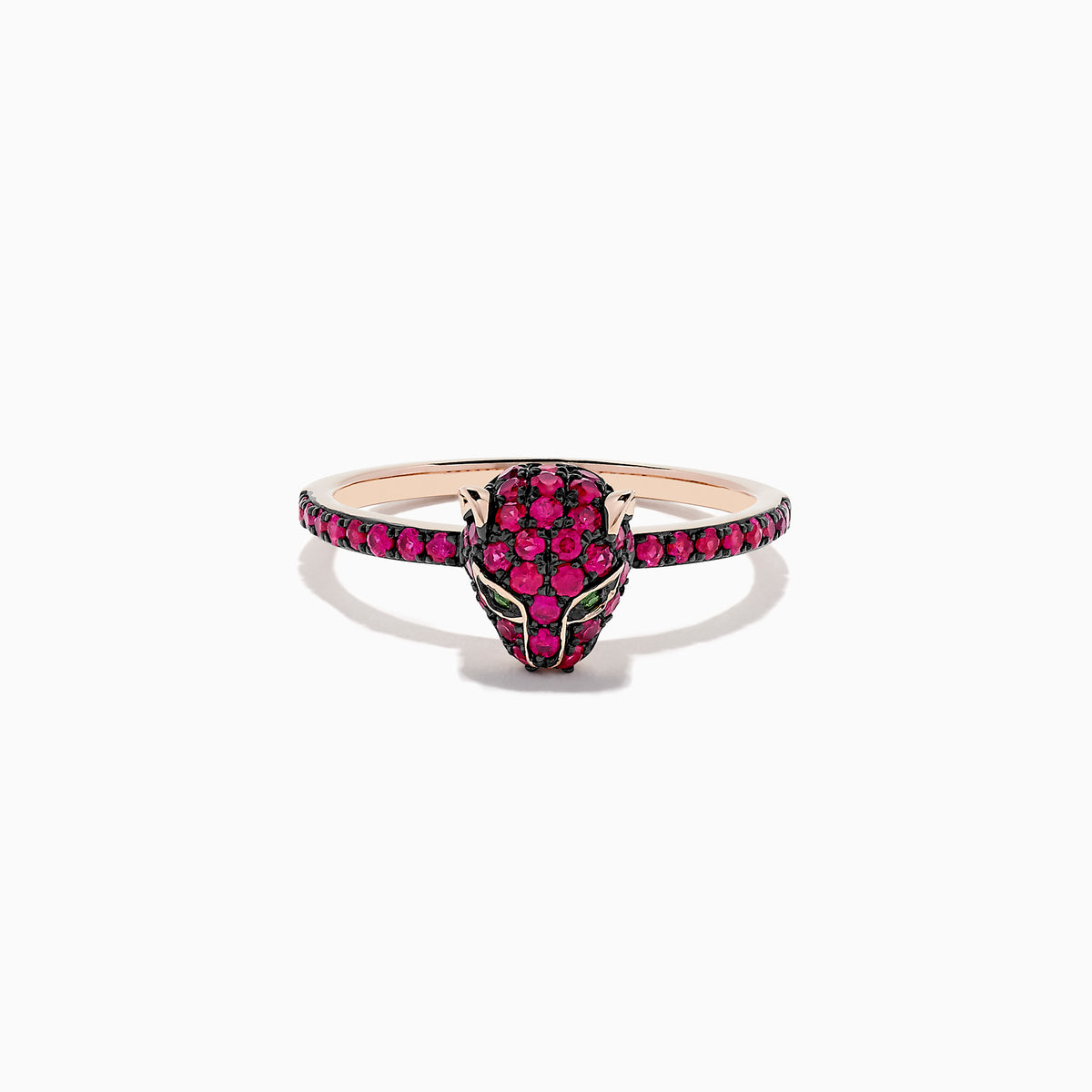 The Signature 14K Rose Gold Ruby and Tsavorite Panther Ring, 0.59 TCW, showcases a sculpted panther head set with ruby and tsavorite gemstones on a matching rose gold band.