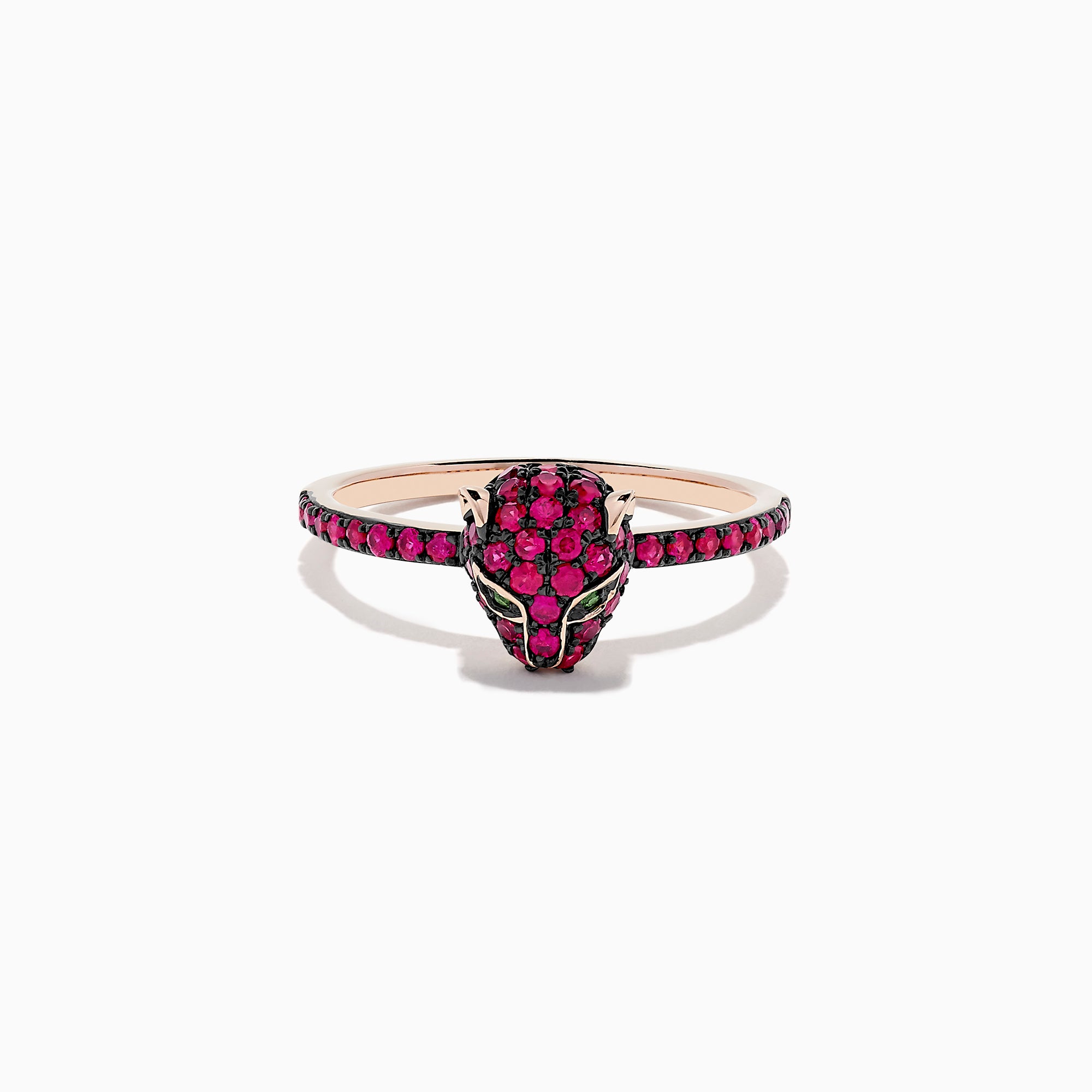 The Signature 14K Rose Gold Ruby and Tsavorite Panther Ring, 0.59 TCW, showcases a sculpted panther head set with ruby and tsavorite gemstones on a matching rose gold band.