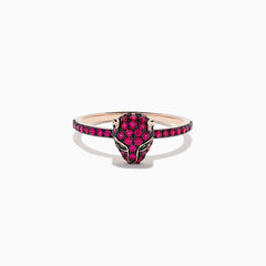 The Signature 14K Rose Gold Ruby and Tsavorite Panther Ring, 0.59 TCW, showcases a sculpted panther head set with ruby and tsavorite gemstones on a matching rose gold band.