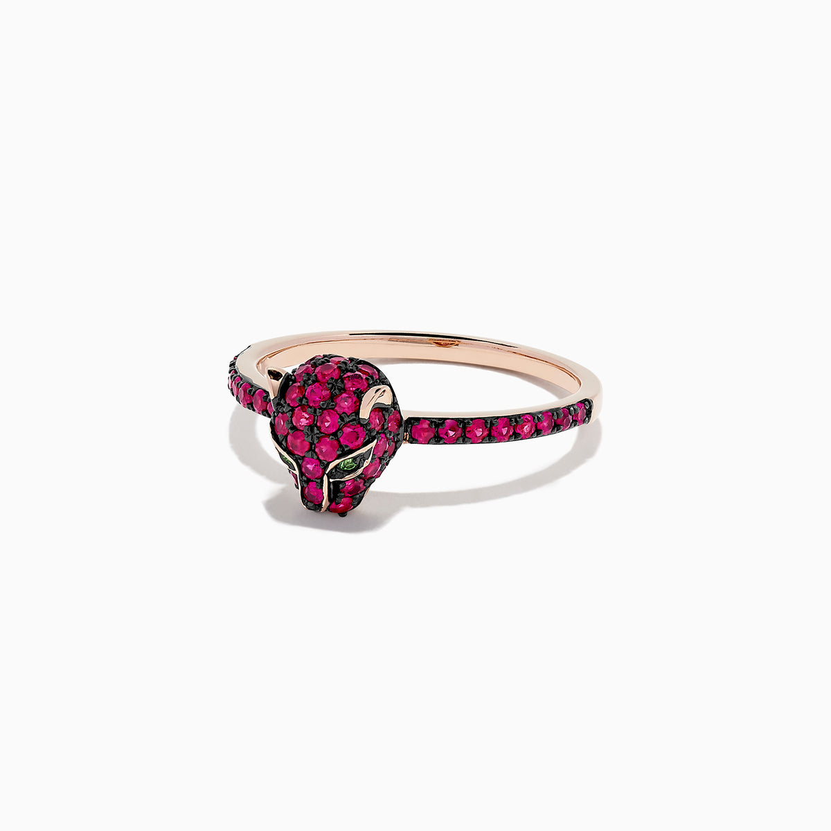 The Signature 14K Rose Gold Ruby and Tsavorite Panther Ring, 0.59 TCW, showcases a sculpted panther head set with ruby and tsavorite gemstones on a matching rose gold band.
