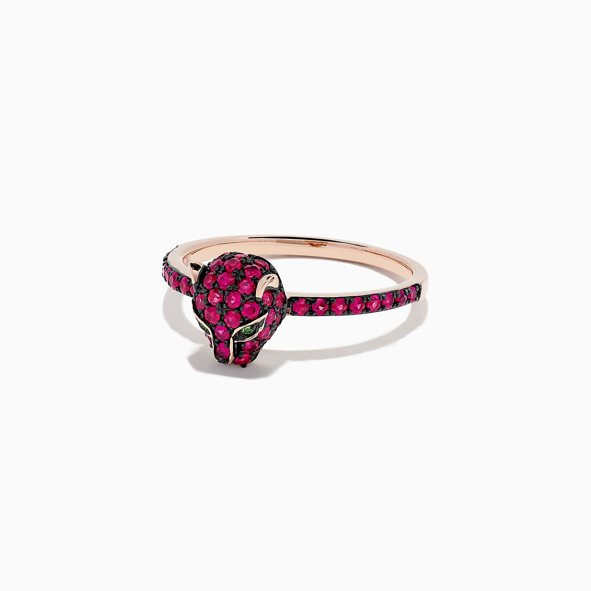 The Signature 14K Rose Gold Ruby and Tsavorite Panther Ring, 0.59 TCW, showcases a sculpted panther head set with ruby and tsavorite gemstones on a matching rose gold band.