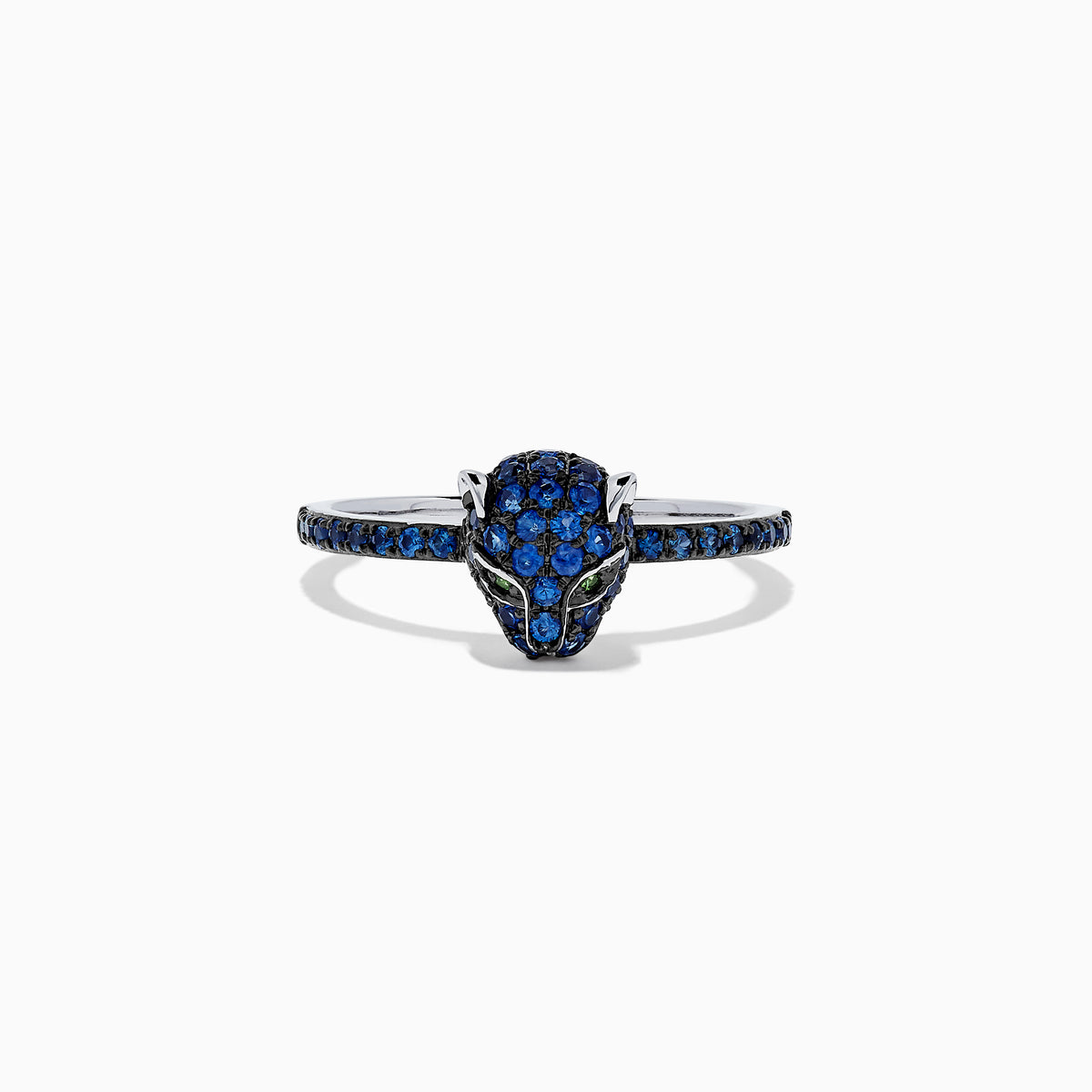 The Signature 14K White Gold Sapphire and Diamond Panther Ring, 0.59 TCW, features a panther head adorned with sapphire-blue accents and green gemstone eyes, shown against a white background.