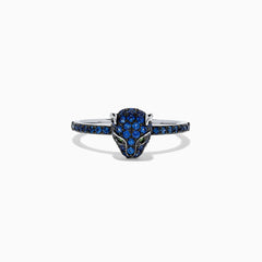 The Signature 14K White Gold Sapphire and Diamond Panther Ring, 0.59 TCW, features a panther head adorned with sapphire-blue accents and green gemstone eyes, shown against a white background.