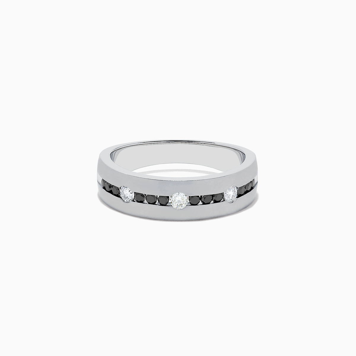The Mens 14K White Gold Black and White Diamond Ring, 0.48 TCW, features alternating black and white round diamonds set in a row across the band, displayed on a plain white background.