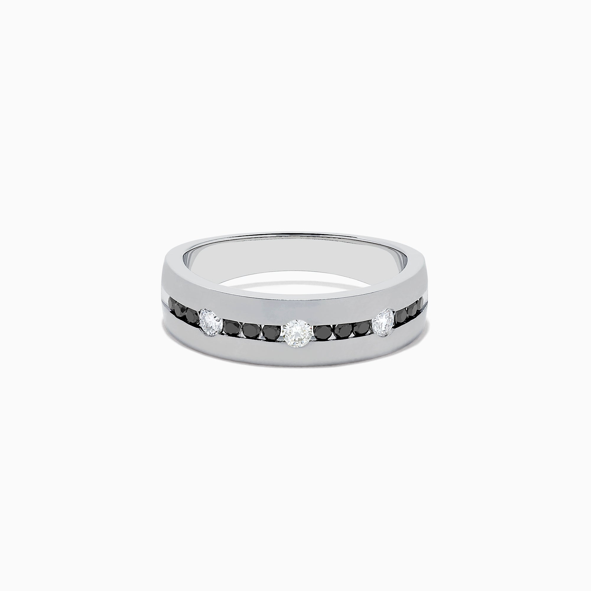 The Mens 14K White Gold Black and White Diamond Ring, 0.48 TCW, features alternating black and white round diamonds set in a row across the band, displayed on a plain white background.