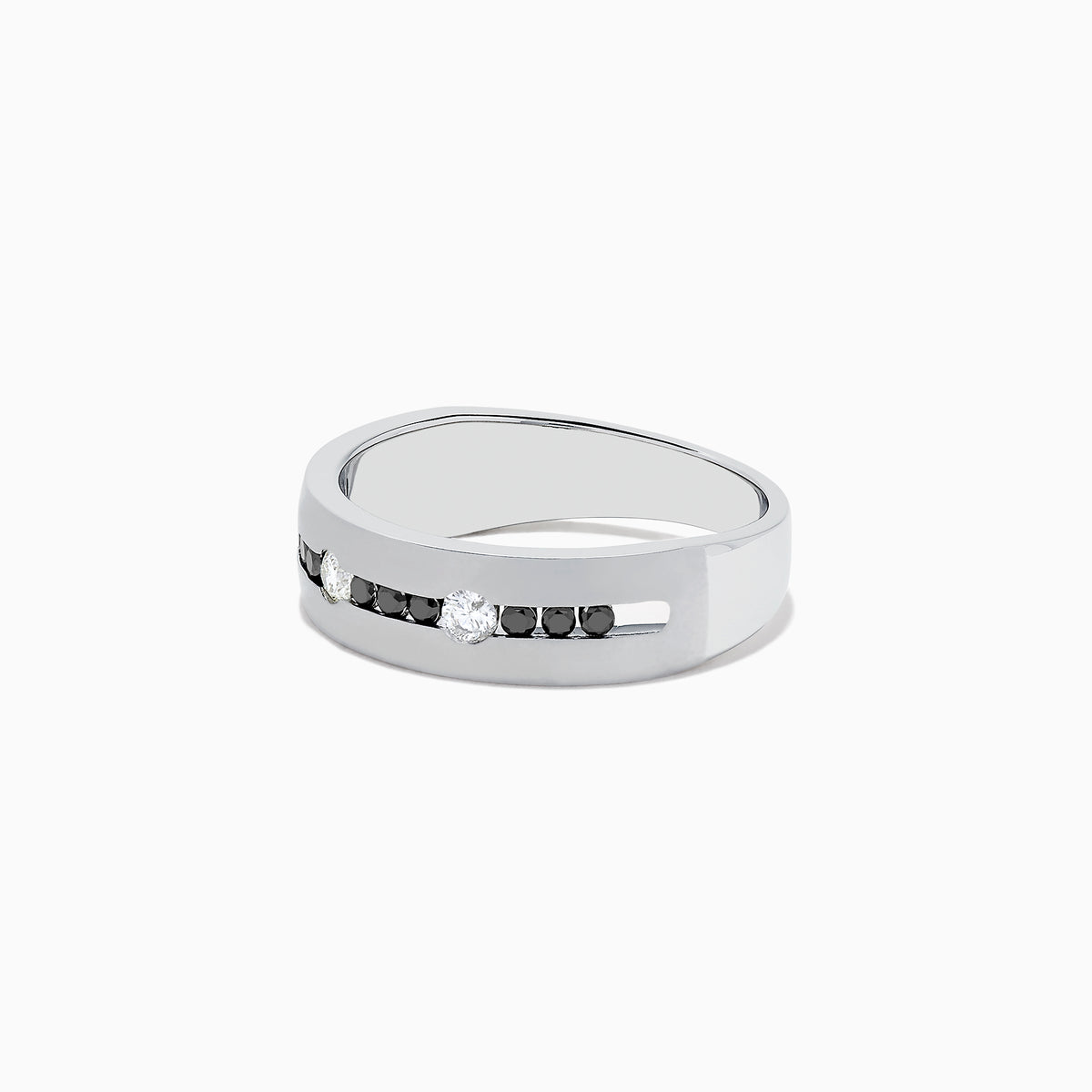 The Mens 14K White Gold Black and White Diamond Ring, 0.48 TCW, features alternating black and white round diamonds set in a row across the band, displayed on a plain white background.