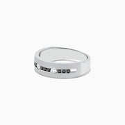 The Mens 14K White Gold Black and White Diamond Ring, 0.48 TCW, features alternating black and white round diamonds set in a row across the band, displayed on a plain white background.