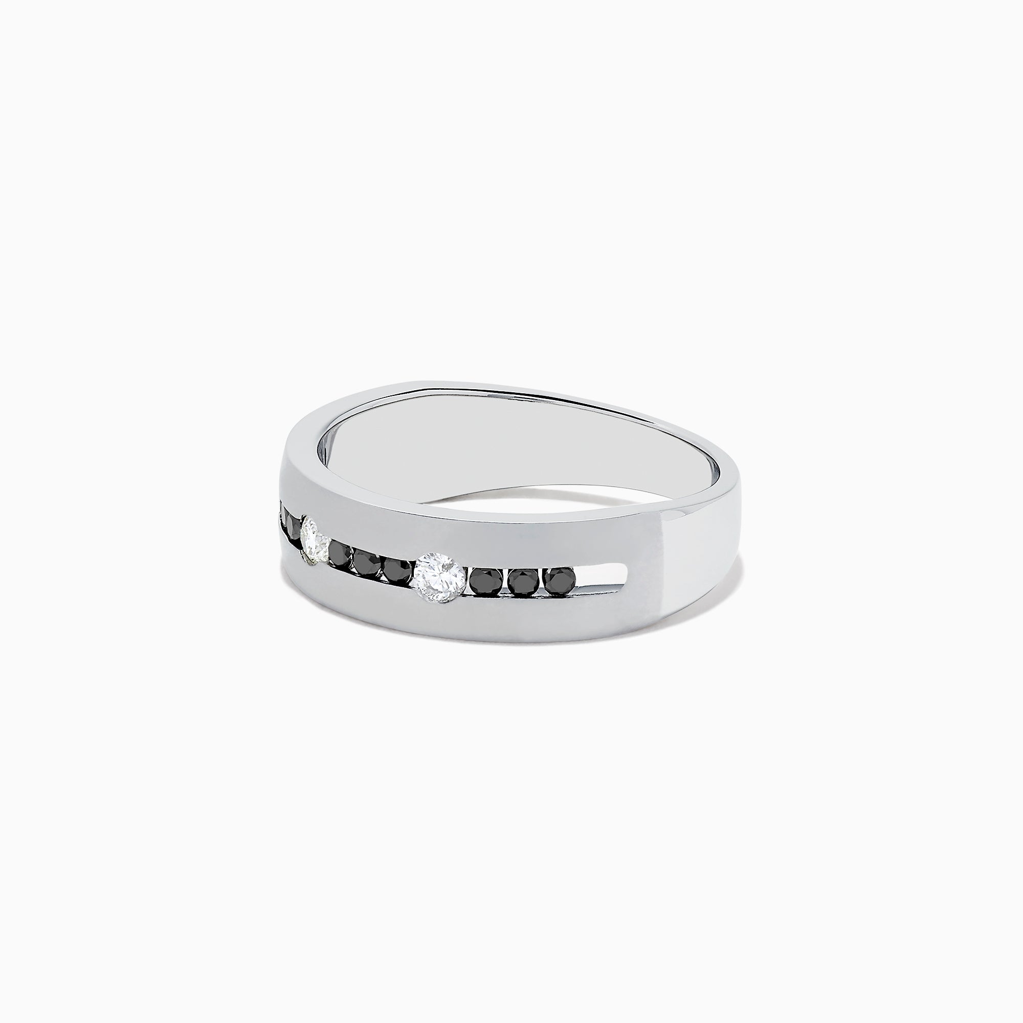 The Mens 14K White Gold Black and White Diamond Ring, 0.48 TCW, features alternating black and white round diamonds set in a row across the band, displayed on a plain white background.