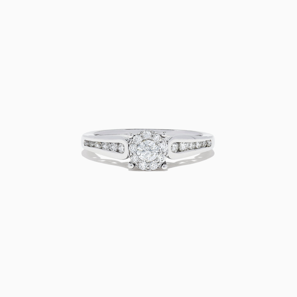 A beautiful Bridal 14K White Gold Diamond Cluster Ring and Band Set, 0.72 TCW, featuring a round central diamond, surrounded by smaller diamonds on a split shank for extra sparkle.