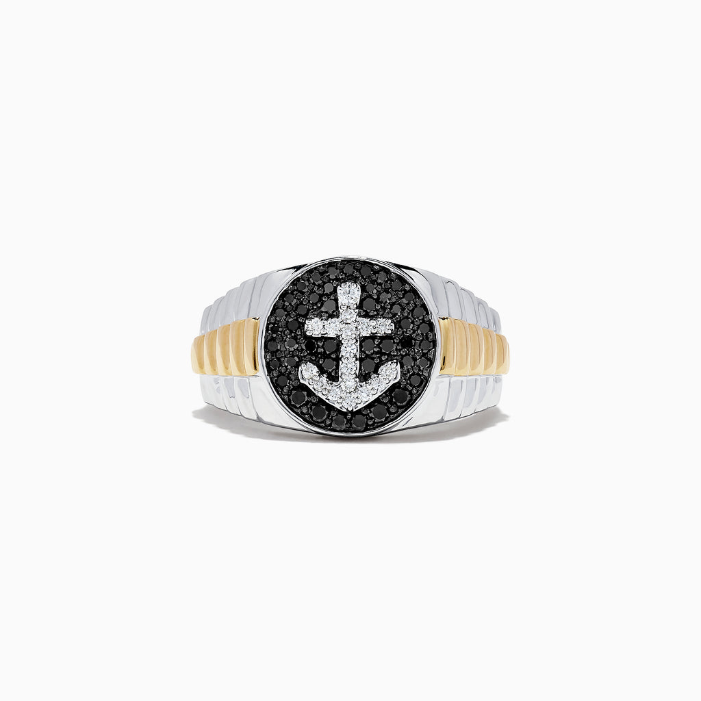 Effy Men's 14K Two Tone Gold Black and White Diamond Anchor Ring, 0.61 TCW