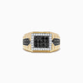 Mens Two Tone Gold Black and White Diamond Ring, 1.00 TCW, features a square setting with black and white diamonds in the center, clear stones framing it, and black stones on each side.