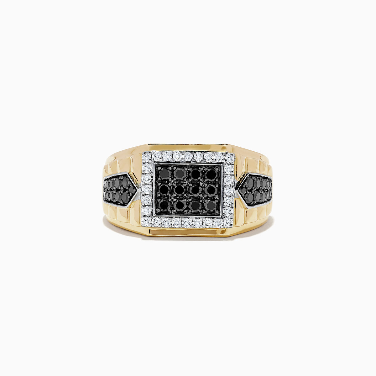 Mens Two Tone Gold Black and White Diamond Ring, 1.00 TCW, features a square setting with black and white diamonds in the center, clear stones framing it, and black stones on each side.