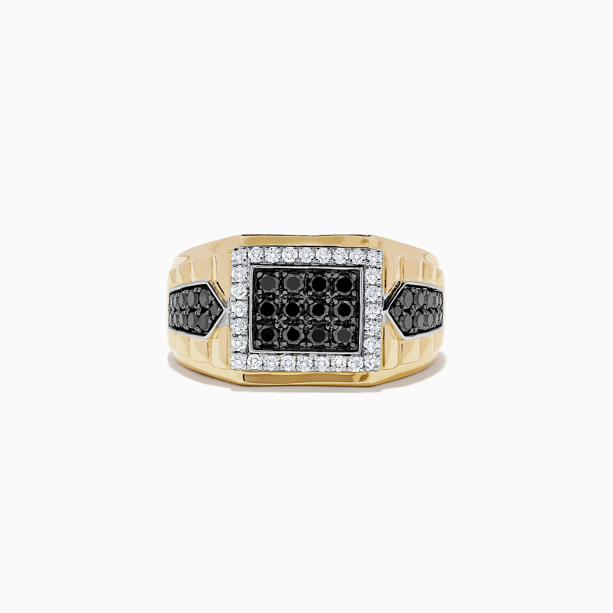 Mens Two Tone Gold Black and White Diamond Ring, 1.00 TCW, features a square setting with black and white diamonds in the center, clear stones framing it, and black stones on each side.