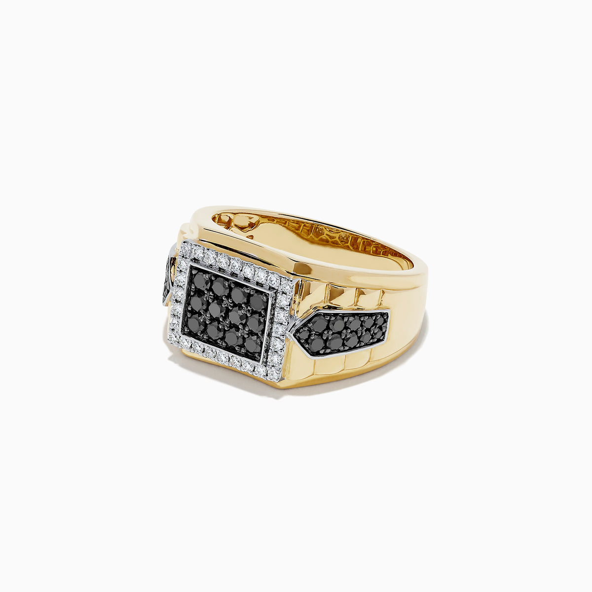 Mens Two Tone Gold Black and White Diamond Ring, 1.00 TCW, features a square setting with black and white diamonds in the center, clear stones framing it, and black stones on each side.