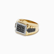 Mens Two Tone Gold Black and White Diamond Ring, 1.00 TCW, features a square setting with black and white diamonds in the center, clear stones framing it, and black stones on each side.