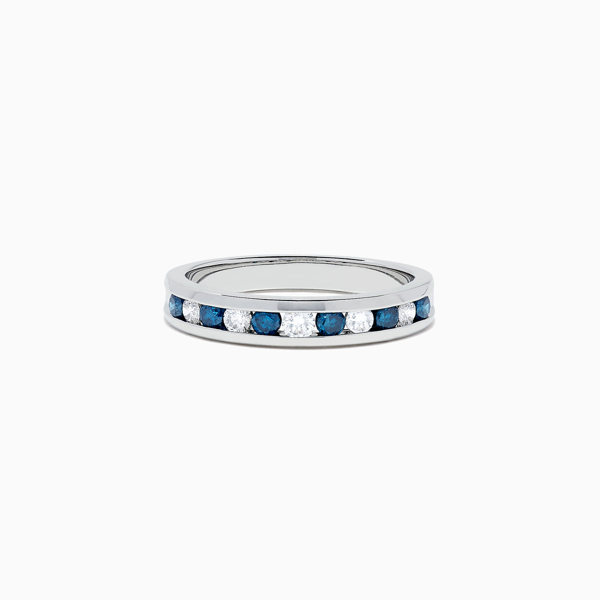 The Bella Bleu 14K White Gold Blue and White Diamond Ring, 0.50 TCW, features alternating blue and white diamonds in a channel setting, inspired by the Effy Bella Bleu collection, shown on a plain white background.