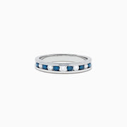 The Bella Bleu 14K White Gold Blue and White Diamond Ring, 0.50 TCW, features alternating blue and white diamonds in a channel setting, inspired by the Effy Bella Bleu collection, shown on a plain white background.