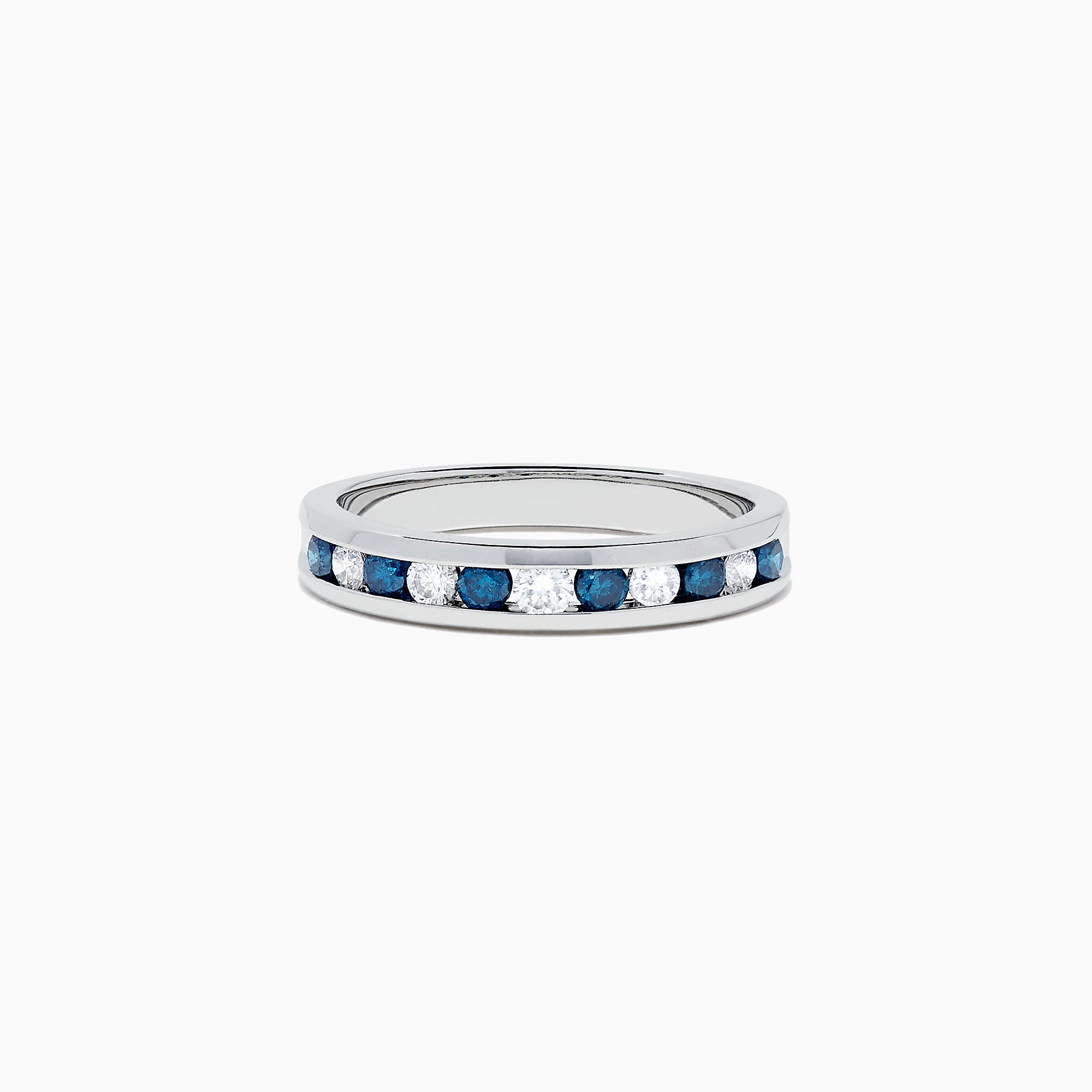 The Bella Bleu 14K White Gold Blue and White Diamond Ring, 0.50 TCW, features alternating blue and white diamonds in a channel setting, inspired by the Effy Bella Bleu collection, shown on a plain white background.