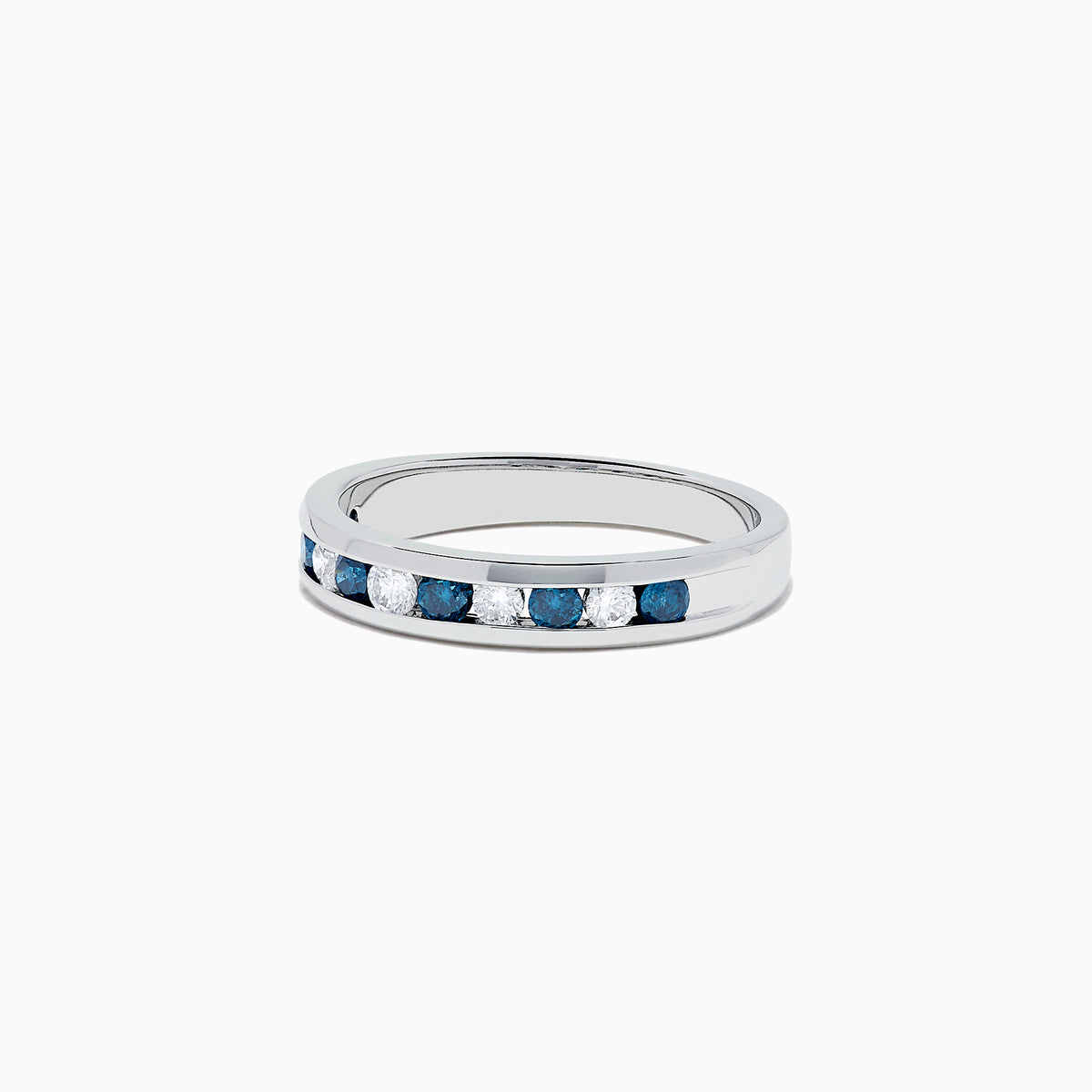 The Bella Bleu 14K White Gold Blue and White Diamond Ring, 0.50 TCW, features alternating blue and white diamonds in a channel setting, inspired by the Effy Bella Bleu collection, shown on a plain white background.
