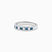 The Bella Bleu 14K White Gold Blue and White Diamond Ring, 0.50 TCW, features alternating blue and white diamonds in a channel setting, inspired by the Effy Bella Bleu collection, shown on a plain white background.