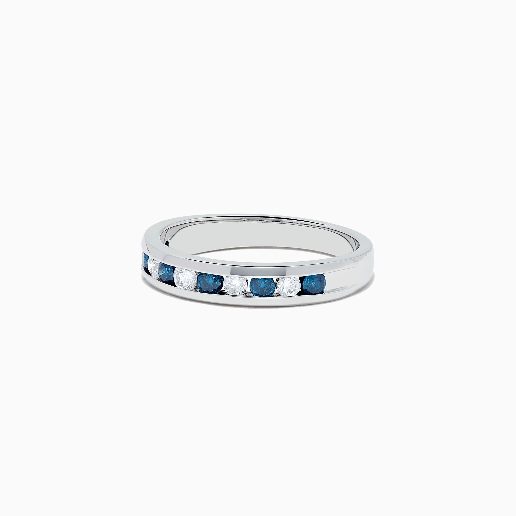 The Bella Bleu 14K White Gold Blue and White Diamond Ring, 0.50 TCW, features alternating blue and white diamonds in a channel setting, inspired by the Effy Bella Bleu collection, shown on a plain white background.