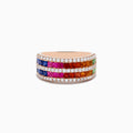 The 14K Rose Gold Multi Sapphire and Diamond Ring showcases three rows of blue, pink, orange, and green sapphires bordered by two rows of round diamonds, all set against a plain white background.