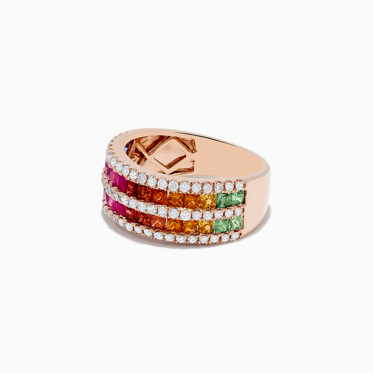 The 14K Rose Gold Multi Sapphire and Diamond Ring showcases three rows of blue, pink, orange, and green sapphires bordered by two rows of round diamonds, all set against a plain white background.