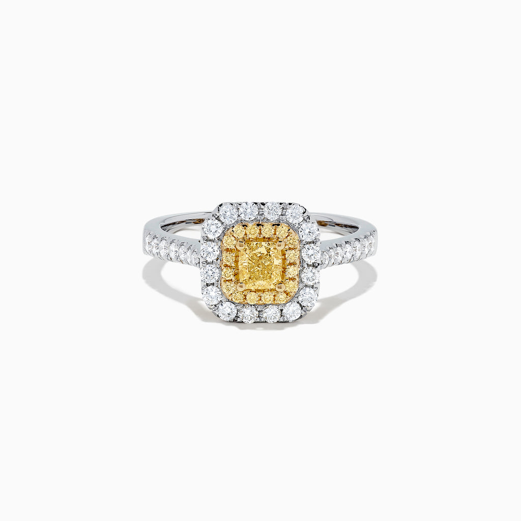 The Canare 18K Two Tone Gold Cushion Double Halo Yellow Diamond Ring, 0.97 TCW, features a square yellow diamond center with double white diamond halos and additional diamonds on the band.