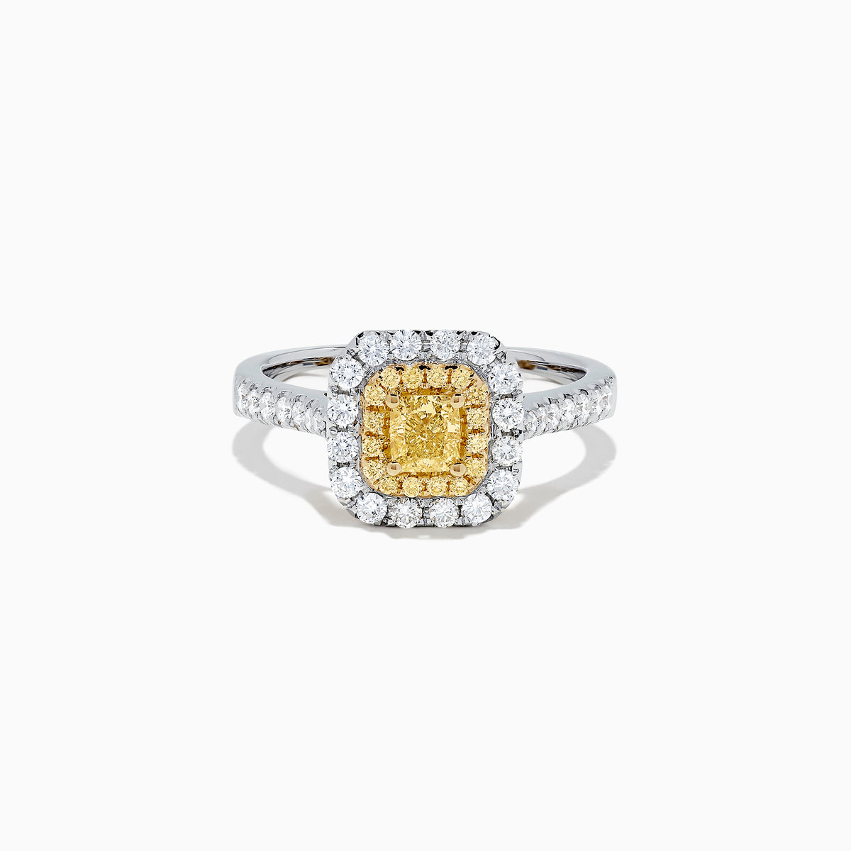 The Canare 18K Two Tone Gold Cushion Double Halo Yellow Diamond Ring, 0.97 TCW, features a square yellow diamond center with double white diamond halos and additional diamonds on the band.