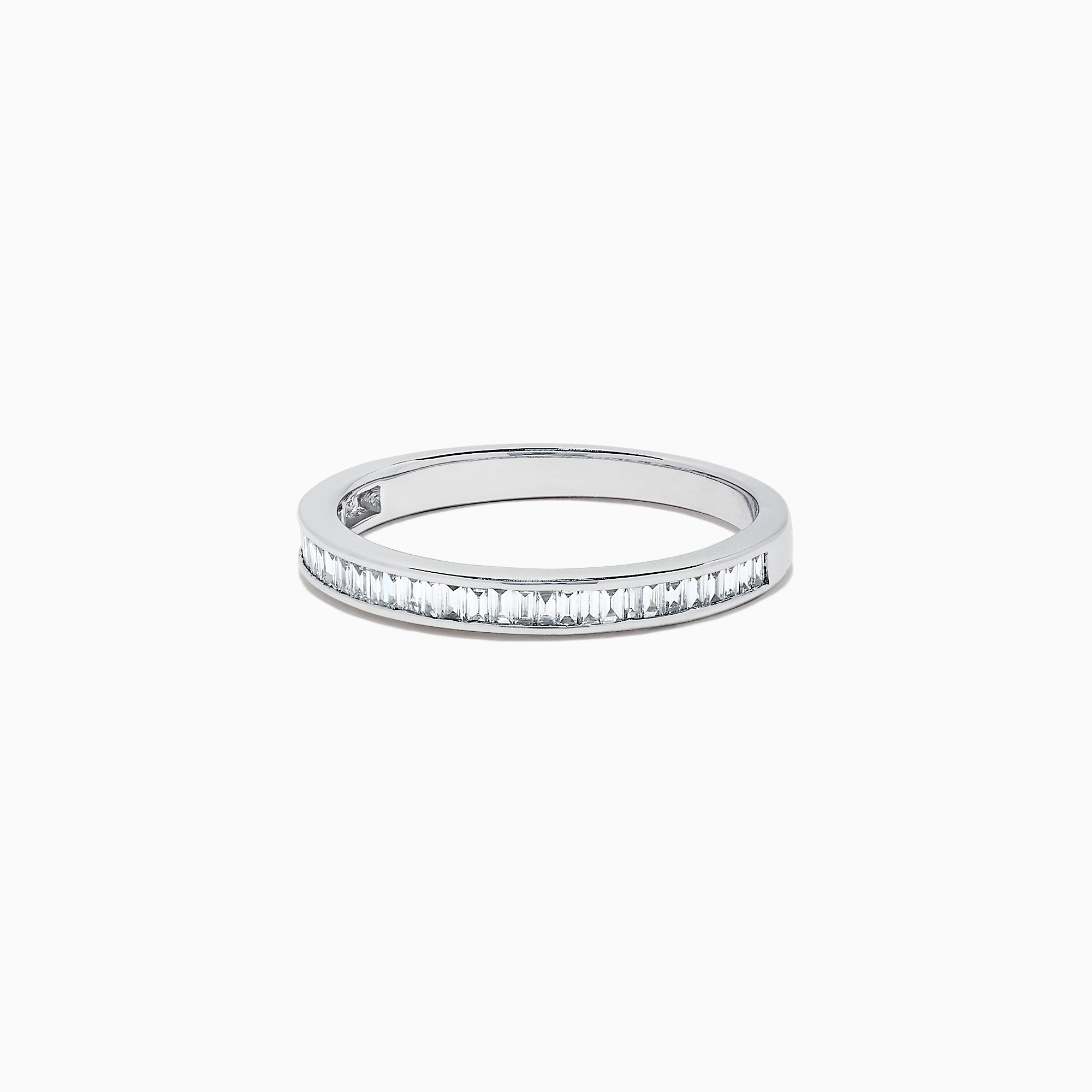 The Classique 14K White Gold Channel Set Diamond Stacking Band, 0.44 TCW, features a slim band with a row of channel-set baguette diamonds, shown on a white background.