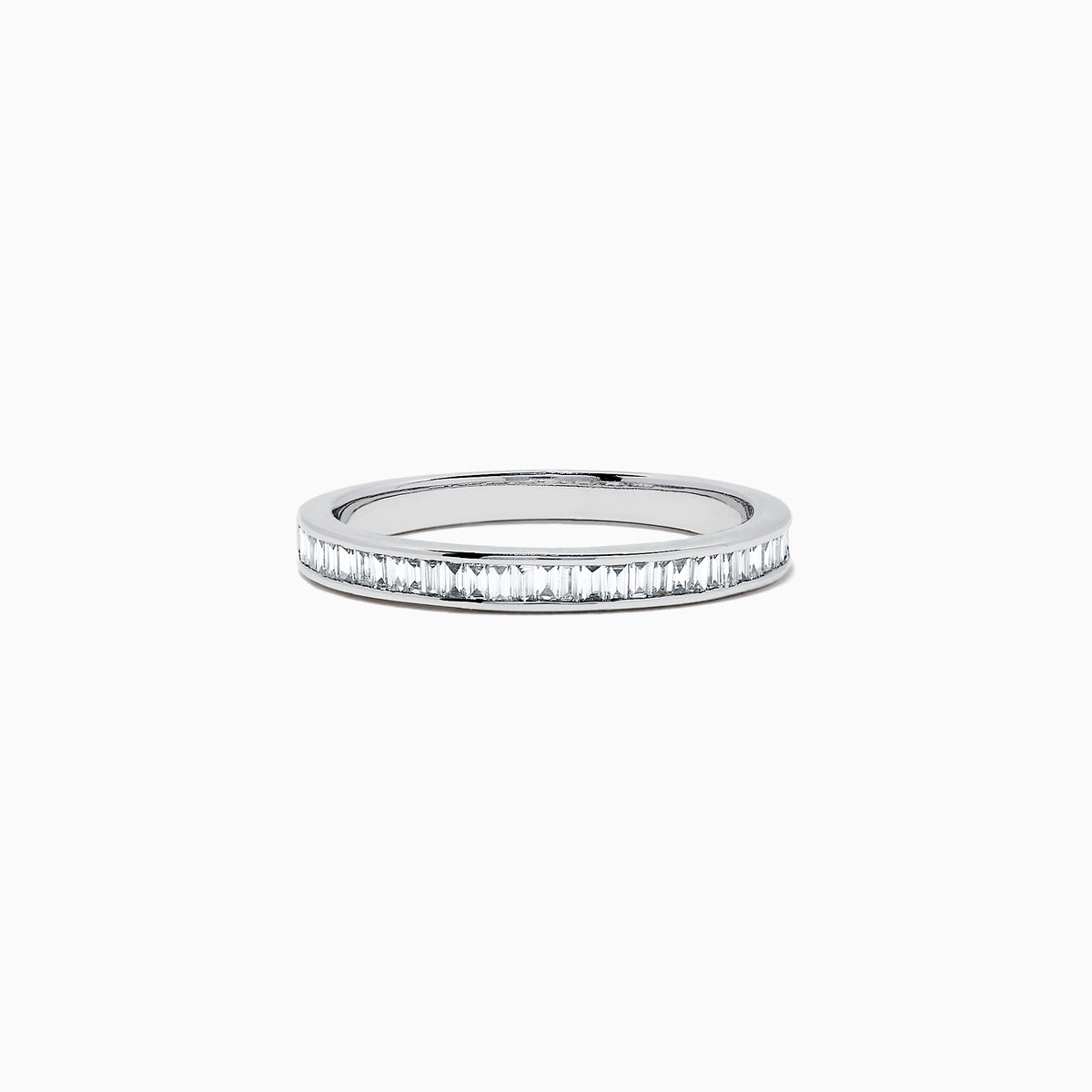 The Classique 14K White Gold Channel Set Diamond Stacking Band, 0.44 TCW, features a slim band with a row of channel-set baguette diamonds, shown on a white background.