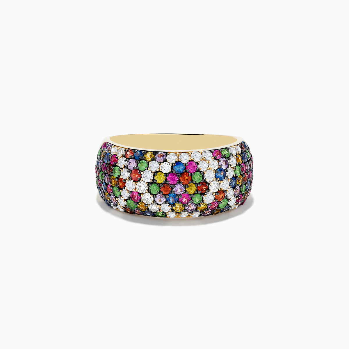 The 14K Yellow Gold Multi Sapphire and Diamond Ring features rows of sapphires in red, green, purple, blue, orange, and sparkling diamonds for a vibrant, colorful pattern.