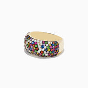 The 14K Yellow Gold Multi Sapphire and Diamond Ring features rows of sapphires in red, green, purple, blue, orange, and sparkling diamonds for a vibrant, colorful pattern.