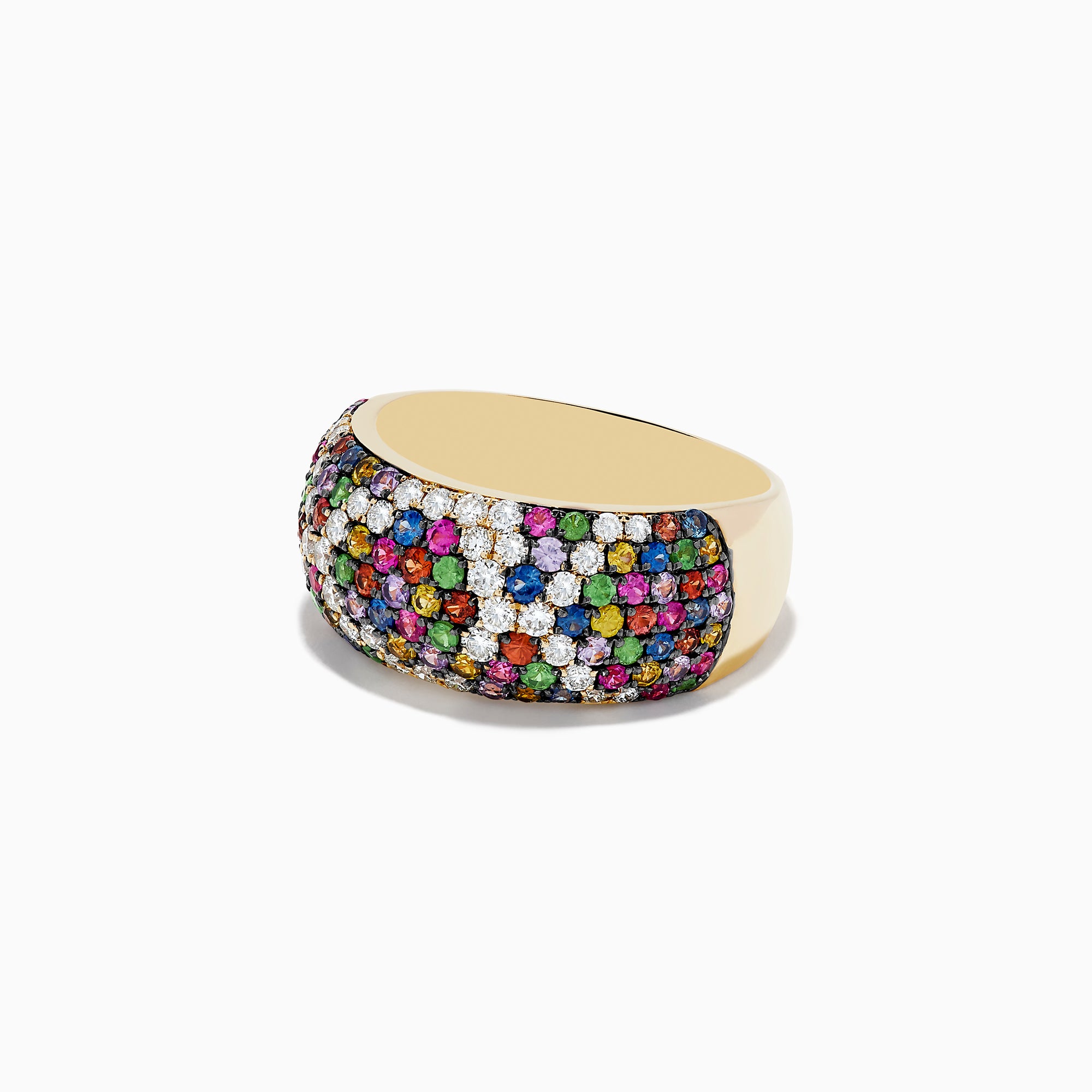 The 14K Yellow Gold Multi Sapphire and Diamond Ring features rows of sapphires in red, green, purple, blue, orange, and sparkling diamonds for a vibrant, colorful pattern.