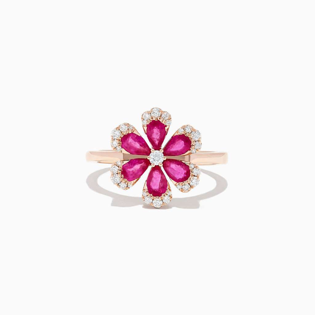 The Nature 14K Rose Gold Ruby and Diamond Flower Ring, 1.76 TCW, features five ruby petals outlined with white diamonds and a central round diamond in a flower design.